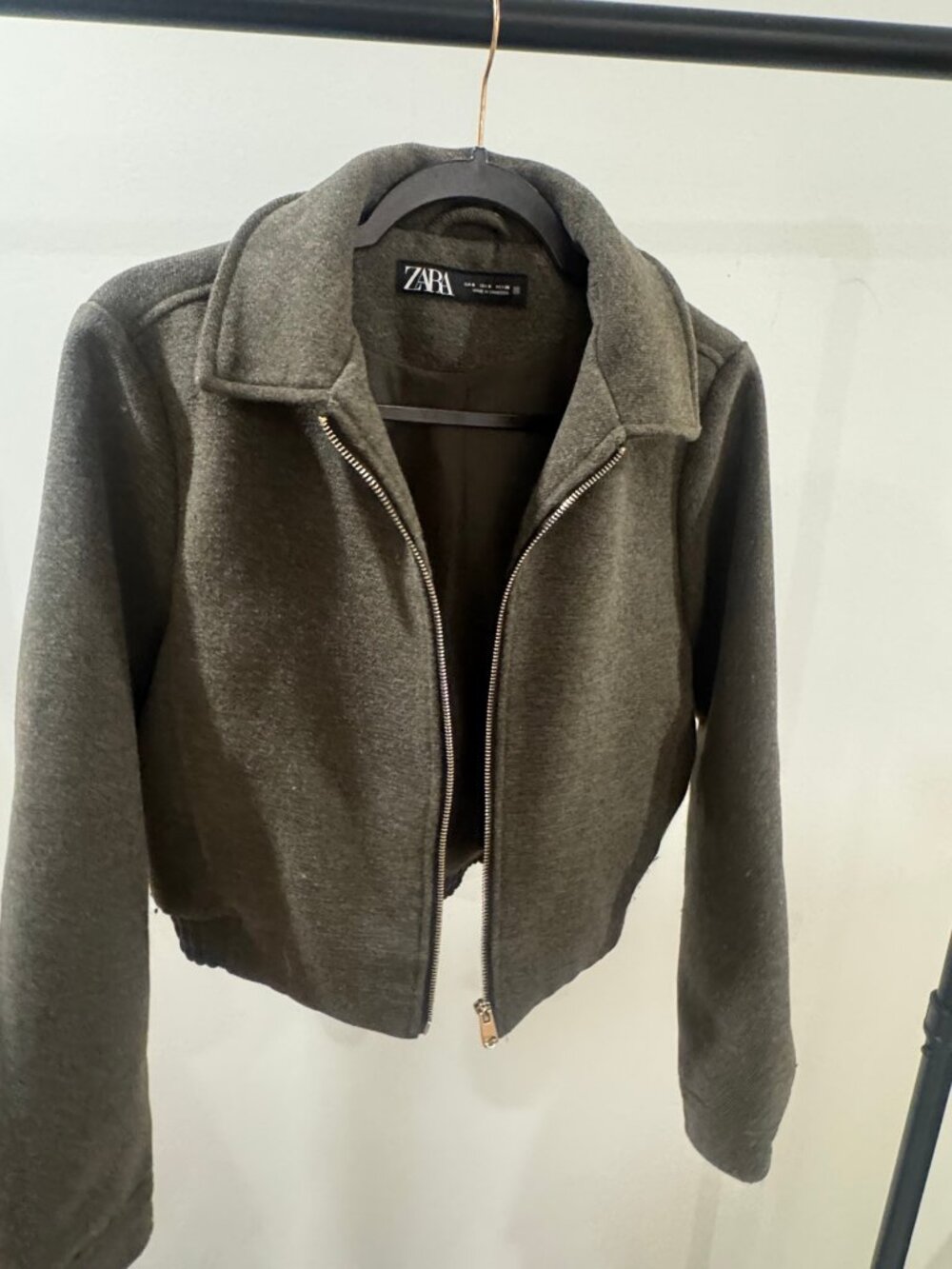 Zara Cropped Bomber Jacket Olive Gray Wool Look Zip Front Collared Womens Small